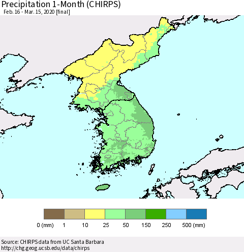 Korea Precipitation 1-Month (CHIRPS) Thematic Map For 2/16/2020 - 3/15/2020