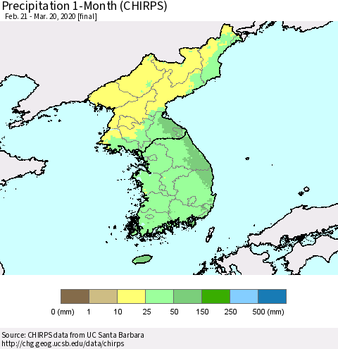 Korea Precipitation 1-Month (CHIRPS) Thematic Map For 2/21/2020 - 3/20/2020