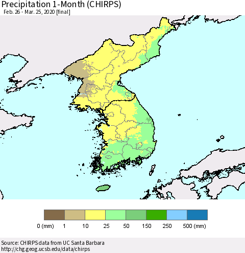 Korea Precipitation 1-Month (CHIRPS) Thematic Map For 2/26/2020 - 3/25/2020