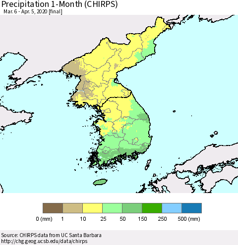 Korea Precipitation 1-Month (CHIRPS) Thematic Map For 3/6/2020 - 4/5/2020