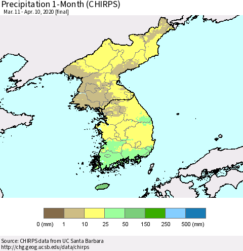 Korea Precipitation 1-Month (CHIRPS) Thematic Map For 3/11/2020 - 4/10/2020
