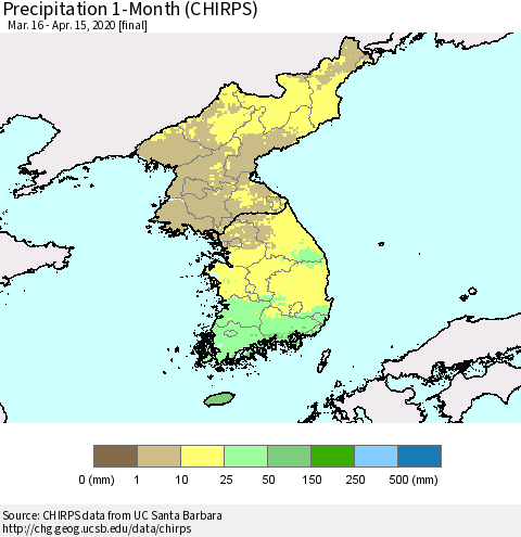 Korea Precipitation 1-Month (CHIRPS) Thematic Map For 3/16/2020 - 4/15/2020