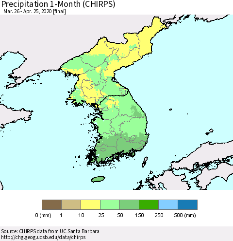 Korea Precipitation 1-Month (CHIRPS) Thematic Map For 3/26/2020 - 4/25/2020