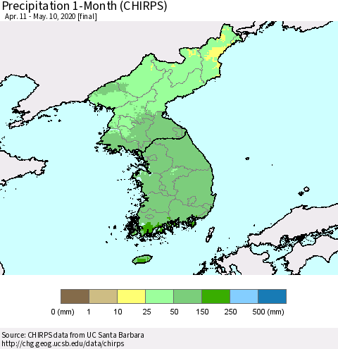 Korea Precipitation 1-Month (CHIRPS) Thematic Map For 4/11/2020 - 5/10/2020