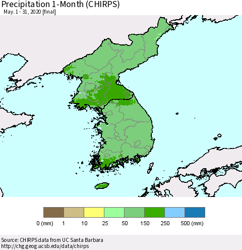 Korea Precipitation 1-Month (CHIRPS) Thematic Map For 5/1/2020 - 5/31/2020