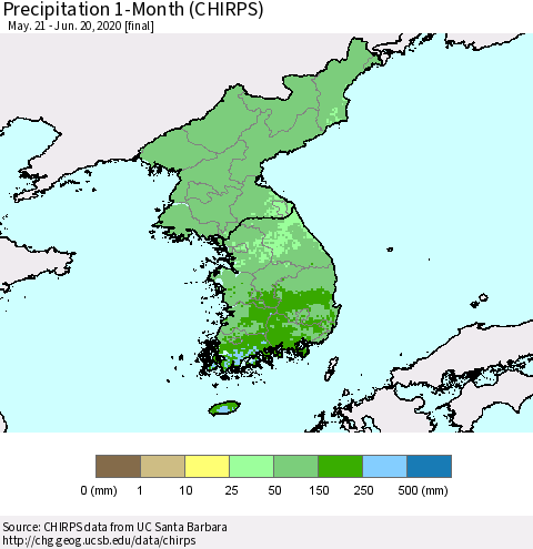 Korea Precipitation 1-Month (CHIRPS) Thematic Map For 5/21/2020 - 6/20/2020