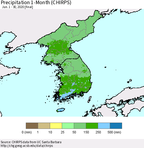 Korea Precipitation 1-Month (CHIRPS) Thematic Map For 6/1/2020 - 6/30/2020