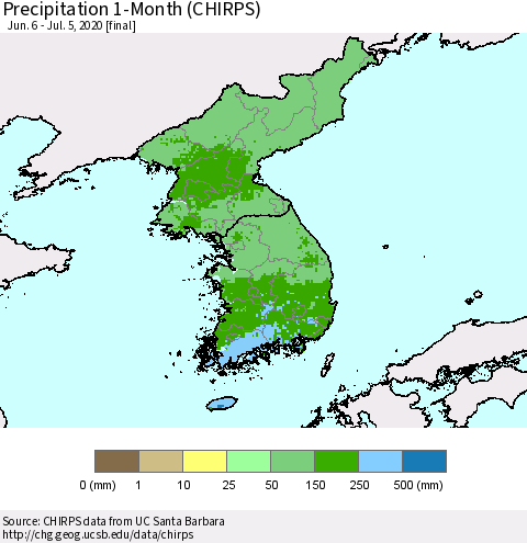 Korea Precipitation 1-Month (CHIRPS) Thematic Map For 6/6/2020 - 7/5/2020