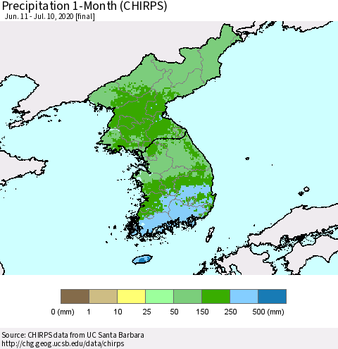 Korea Precipitation 1-Month (CHIRPS) Thematic Map For 6/11/2020 - 7/10/2020