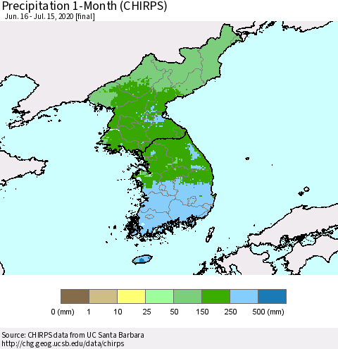 Korea Precipitation 1-Month (CHIRPS) Thematic Map For 6/16/2020 - 7/15/2020