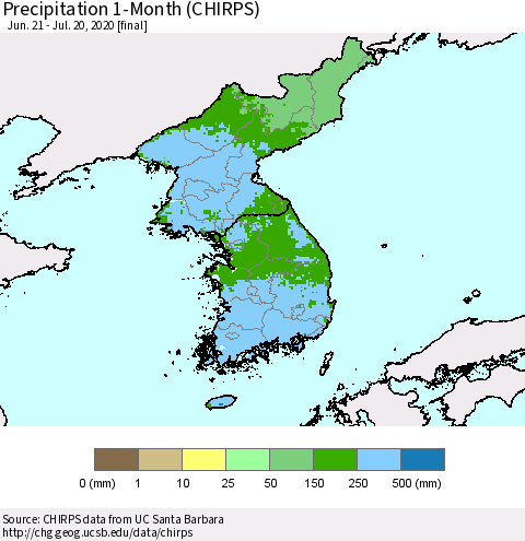 Korea Precipitation 1-Month (CHIRPS) Thematic Map For 6/21/2020 - 7/20/2020