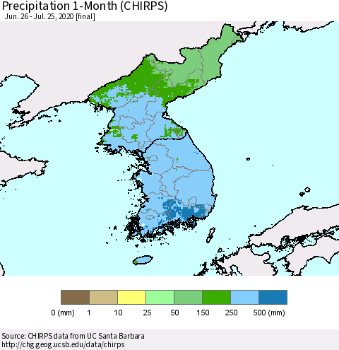 Korea Precipitation 1-Month (CHIRPS) Thematic Map For 6/26/2020 - 7/25/2020