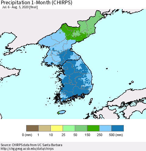Korea Precipitation 1-Month (CHIRPS) Thematic Map For 7/6/2020 - 8/5/2020