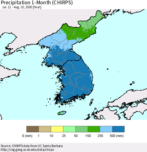 Korea Precipitation 1-Month (CHIRPS) Thematic Map For 7/11/2020 - 8/10/2020