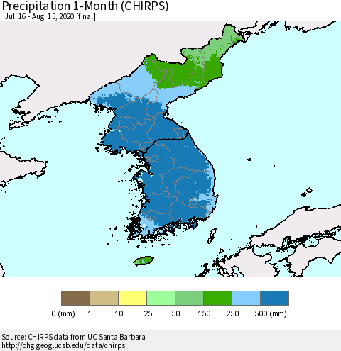 Korea Precipitation 1-Month (CHIRPS) Thematic Map For 7/16/2020 - 8/15/2020