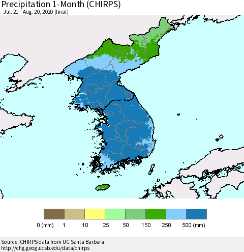 Korea Precipitation 1-Month (CHIRPS) Thematic Map For 7/21/2020 - 8/20/2020