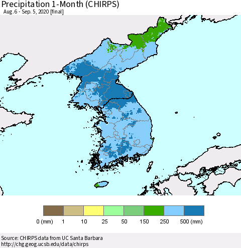 Korea Precipitation 1-Month (CHIRPS) Thematic Map For 8/6/2020 - 9/5/2020