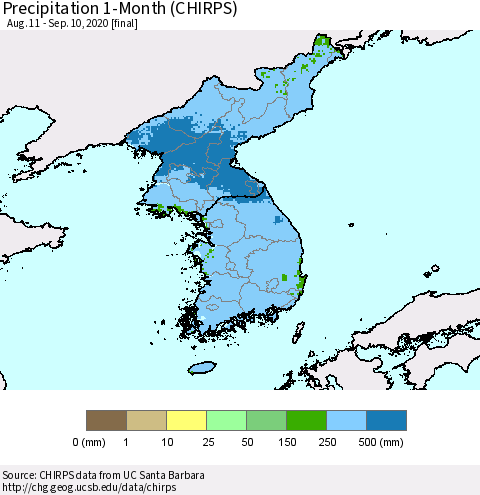 Korea Precipitation 1-Month (CHIRPS) Thematic Map For 8/11/2020 - 9/10/2020