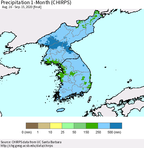 Korea Precipitation 1-Month (CHIRPS) Thematic Map For 8/16/2020 - 9/15/2020