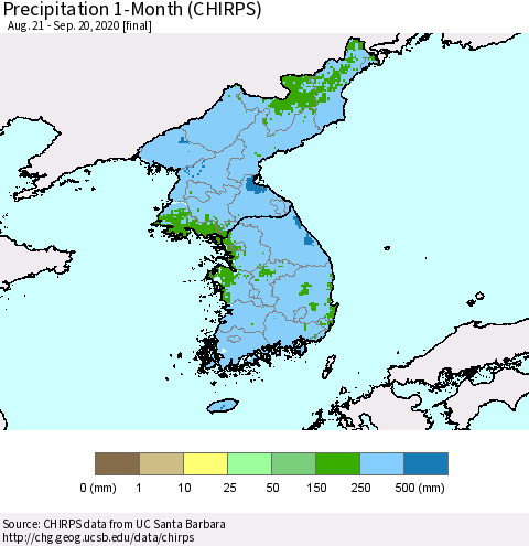 Korea Precipitation 1-Month (CHIRPS) Thematic Map For 8/21/2020 - 9/20/2020