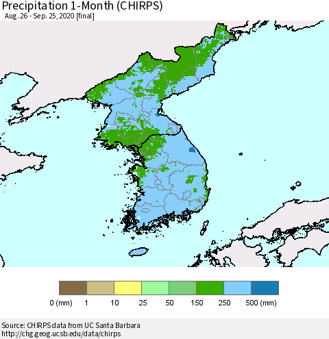Korea Precipitation 1-Month (CHIRPS) Thematic Map For 8/26/2020 - 9/25/2020