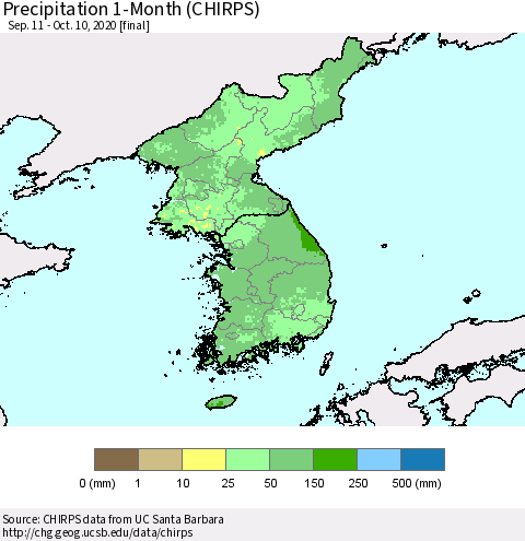Korea Precipitation 1-Month (CHIRPS) Thematic Map For 9/11/2020 - 10/10/2020