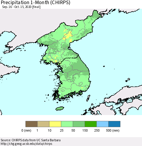 Korea Precipitation 1-Month (CHIRPS) Thematic Map For 9/16/2020 - 10/15/2020