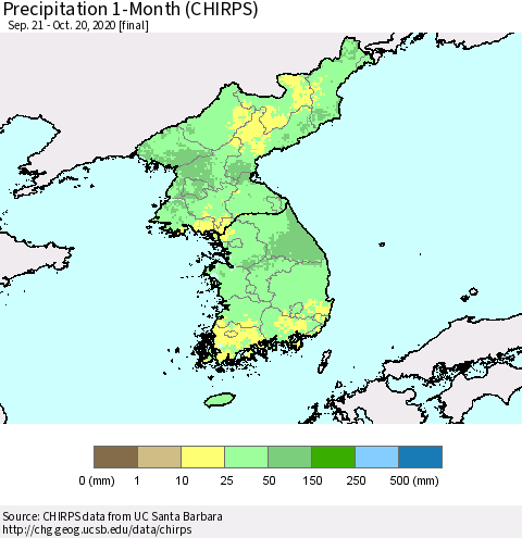 Korea Precipitation 1-Month (CHIRPS) Thematic Map For 9/21/2020 - 10/20/2020