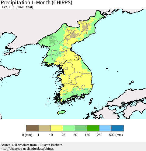Korea Precipitation 1-Month (CHIRPS) Thematic Map For 10/1/2020 - 10/31/2020