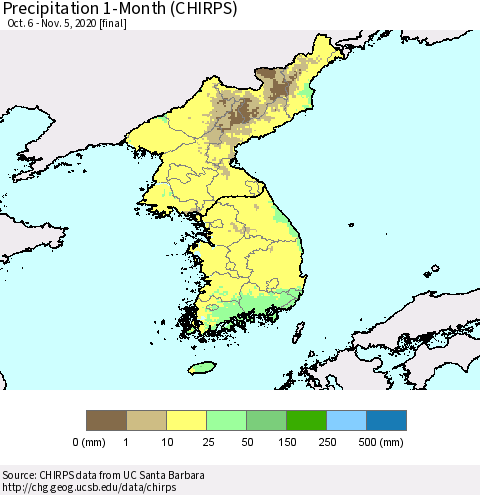 Korea Precipitation 1-Month (CHIRPS) Thematic Map For 10/6/2020 - 11/5/2020