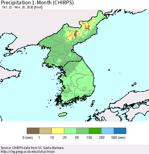 Korea Precipitation 1-Month (CHIRPS) Thematic Map For 10/21/2020 - 11/20/2020