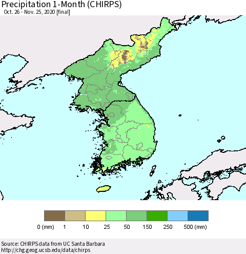 Korea Precipitation 1-Month (CHIRPS) Thematic Map For 10/26/2020 - 11/25/2020