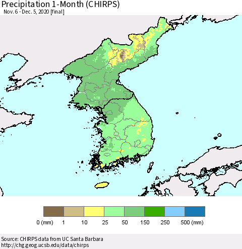 Korea Precipitation 1-Month (CHIRPS) Thematic Map For 11/6/2020 - 12/5/2020