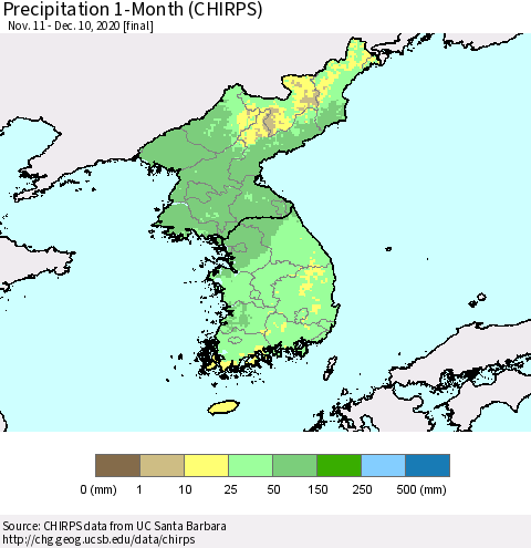 Korea Precipitation 1-Month (CHIRPS) Thematic Map For 11/11/2020 - 12/10/2020