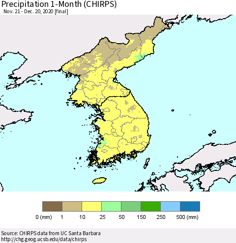 Korea Precipitation 1-Month (CHIRPS) Thematic Map For 11/21/2020 - 12/20/2020