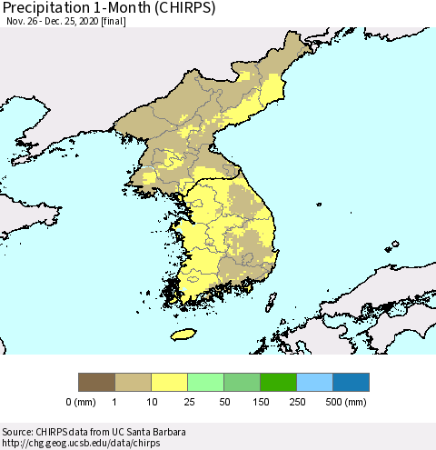 Korea Precipitation 1-Month (CHIRPS) Thematic Map For 11/26/2020 - 12/25/2020