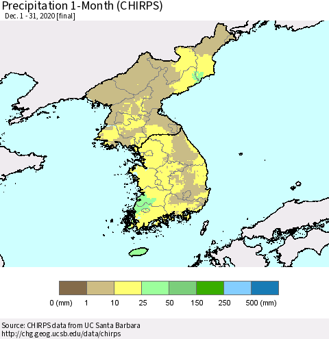 Korea Precipitation 1-Month (CHIRPS) Thematic Map For 12/1/2020 - 12/31/2020