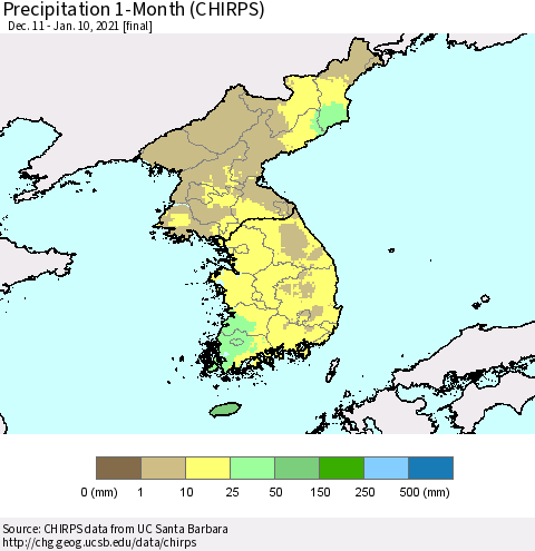 Korea Precipitation 1-Month (CHIRPS) Thematic Map For 12/11/2020 - 1/10/2021