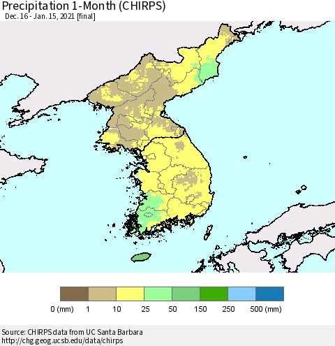 Korea Precipitation 1-Month (CHIRPS) Thematic Map For 12/16/2020 - 1/15/2021
