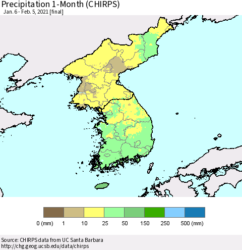 Korea Precipitation 1-Month (CHIRPS) Thematic Map For 1/6/2021 - 2/5/2021