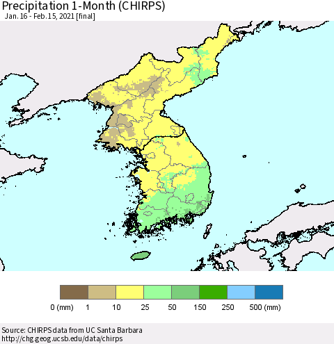 Korea Precipitation 1-Month (CHIRPS) Thematic Map For 1/16/2021 - 2/15/2021