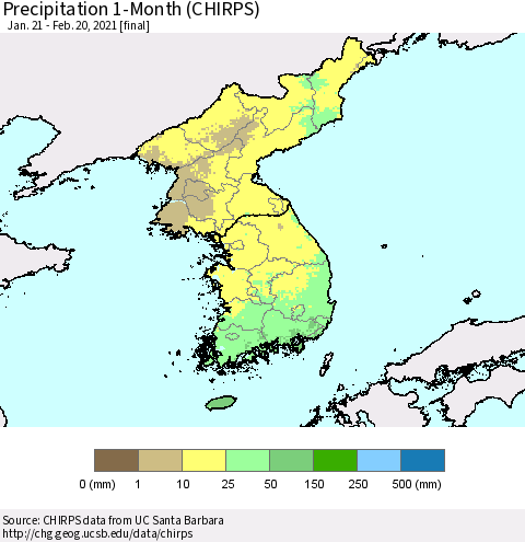 Korea Precipitation 1-Month (CHIRPS) Thematic Map For 1/21/2021 - 2/20/2021