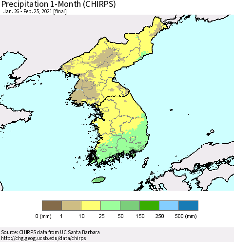 Korea Precipitation 1-Month (CHIRPS) Thematic Map For 1/26/2021 - 2/25/2021