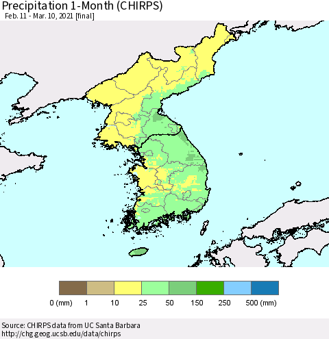 Korea Precipitation 1-Month (CHIRPS) Thematic Map For 2/11/2021 - 3/10/2021