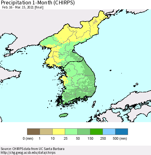 Korea Precipitation 1-Month (CHIRPS) Thematic Map For 2/16/2021 - 3/15/2021