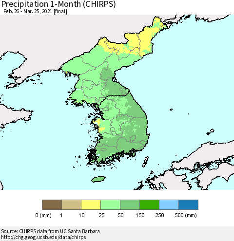 Korea Precipitation 1-Month (CHIRPS) Thematic Map For 2/26/2021 - 3/25/2021