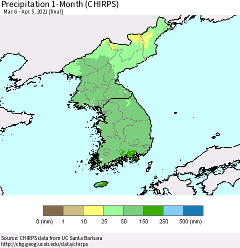 Korea Precipitation 1-Month (CHIRPS) Thematic Map For 3/6/2021 - 4/5/2021