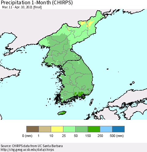 Korea Precipitation 1-Month (CHIRPS) Thematic Map For 3/11/2021 - 4/10/2021