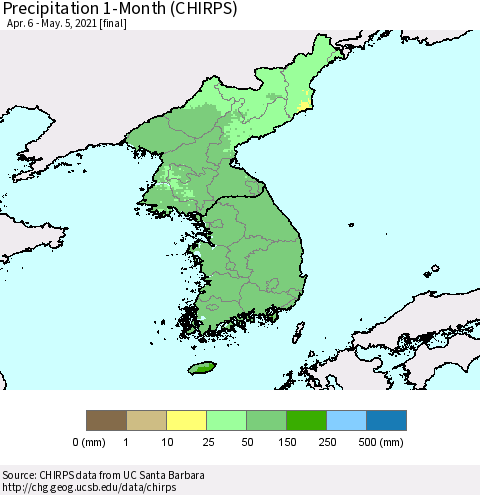 Korea Precipitation 1-Month (CHIRPS) Thematic Map For 4/6/2021 - 5/5/2021