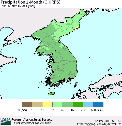 Korea Precipitation 1-Month (CHIRPS) Thematic Map For 4/16/2021 - 5/15/2021